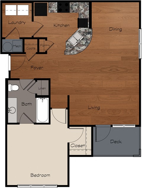 Floor plan for 1 bed, 1 bath, 869 sqft